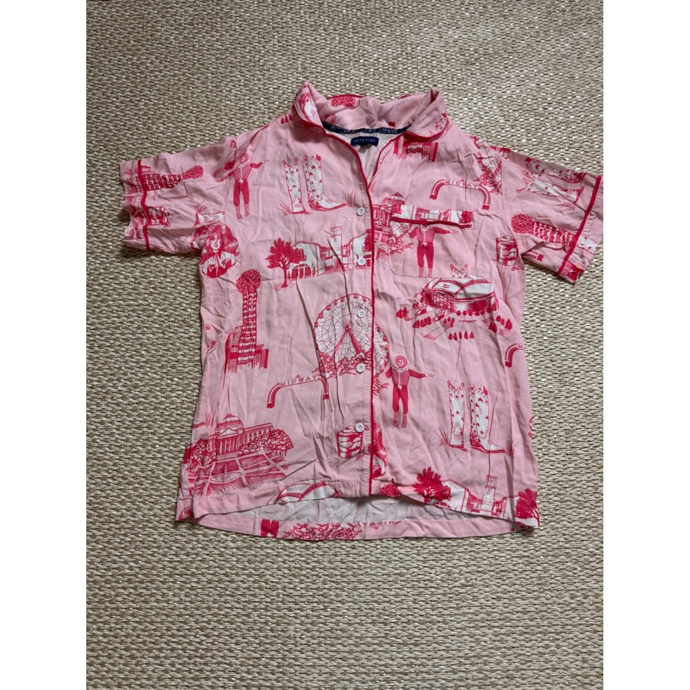 Katie Kime Dallas Toile Pajama Set Pink Short Sleeve Button Down Shorts Medium - Picture 3 of 7